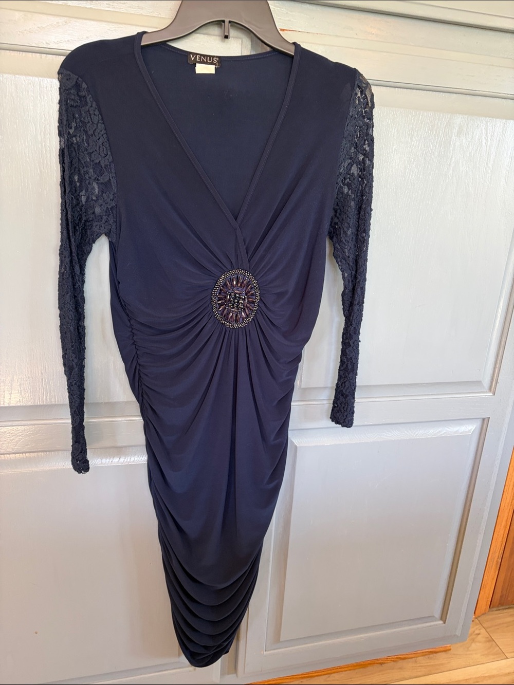 VENUS Navy Long Sleeve Ruched Dress with Beaded Medallion
